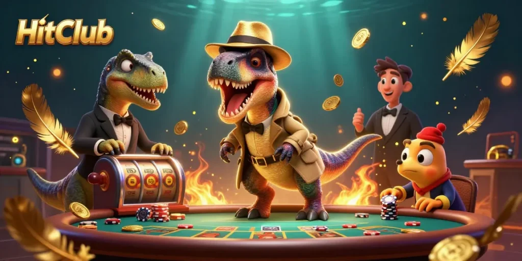 HitClub showcases a lively scene with a velociraptor card counter and stegosaurus pit boss at a blackjack table.