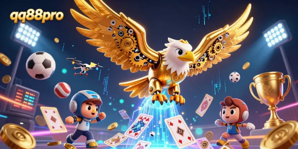 Engage in thrilling gameplay at qq88pro with vibrant 3D illustrations of sports betting action and casino excitement.