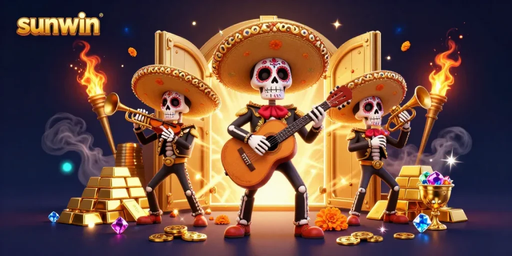 Engage in thrilling games at sunwin, where vibrant mariachi skeletons celebrate wins among treasures.