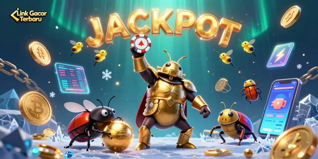 Experience high-stakes excitement with Link Gacor Terbaru showcasing a victorious beetle in gaming glory.