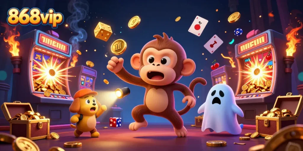 Play exciting games at 868vip with a playful monkey juggling gold and lucky symbols while a puppy hunts for treasures.