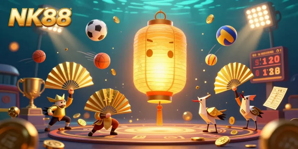 NK88 captivates players with a vivid online casino scene featuring a golden lantern spirit amidst flying sports elements.