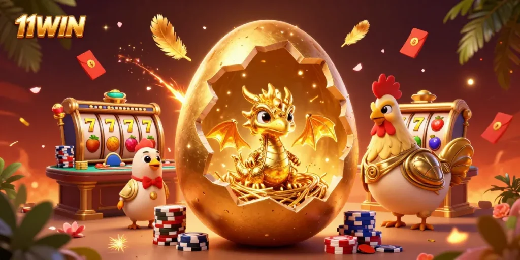 Experience thrilling 11WIN moments with a golden dragon, poker chips, and vibrant slot reels in this captivating illustration.